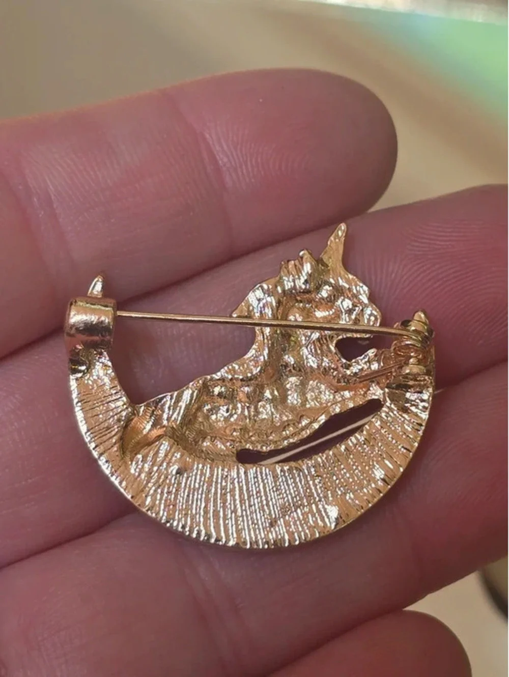 Whimsical Gold Tone Rhinestone Unicorn on Pearled Crescent Moon Brooch